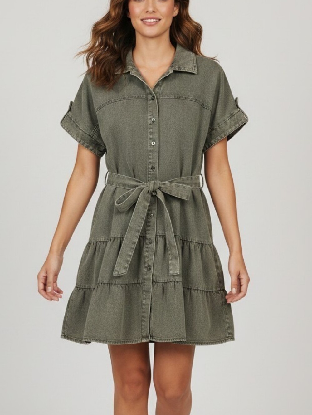 She + Sky Olive Green Tiered Denim Button-Front Shirt Dress with Tie
